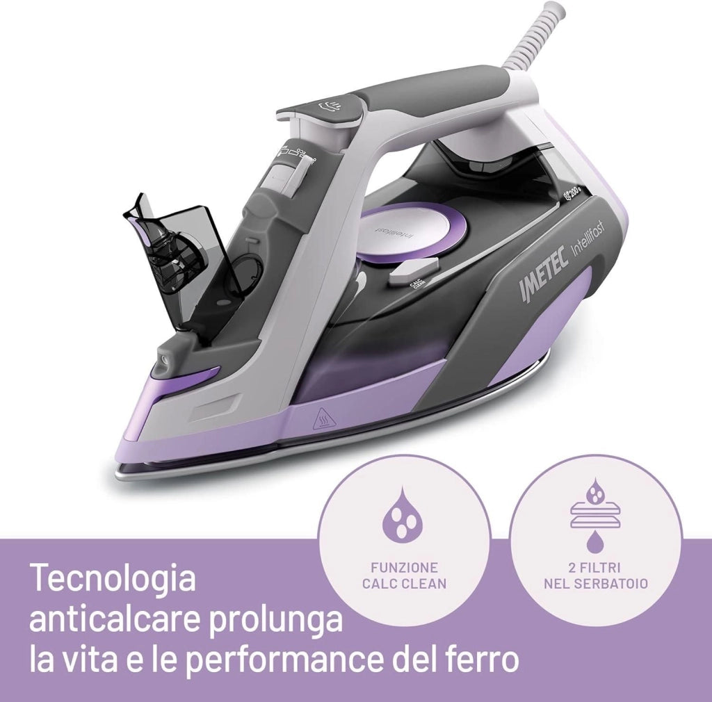 Imetec Intellifast, ferro da stiro a vapore, Tecnologia Intelli System, Impostazione automatica della temperatura, Piastra Ceramic Diamond, Protezione anticalcare, 2400 W, Colpo Vapore