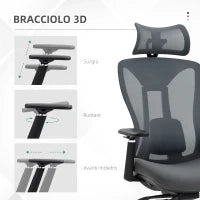 Sedia da Ufficio Reclinabile con Poggiatesta, Supporto Lombare e Altezza Regolabili, Grigio