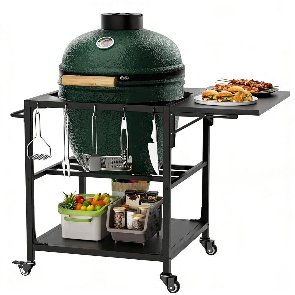 Tavolo da Grill per Esterno Big Green Egg ¨C Xylo ¨C Metallo con Ruote e Ripiano