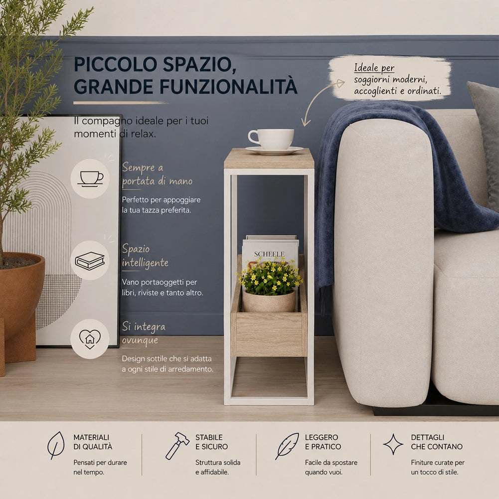 Tavolino Laterale Divano con 2 Ripiani Tavolo Multiuso Bianco e Beige 60x22x62cm
