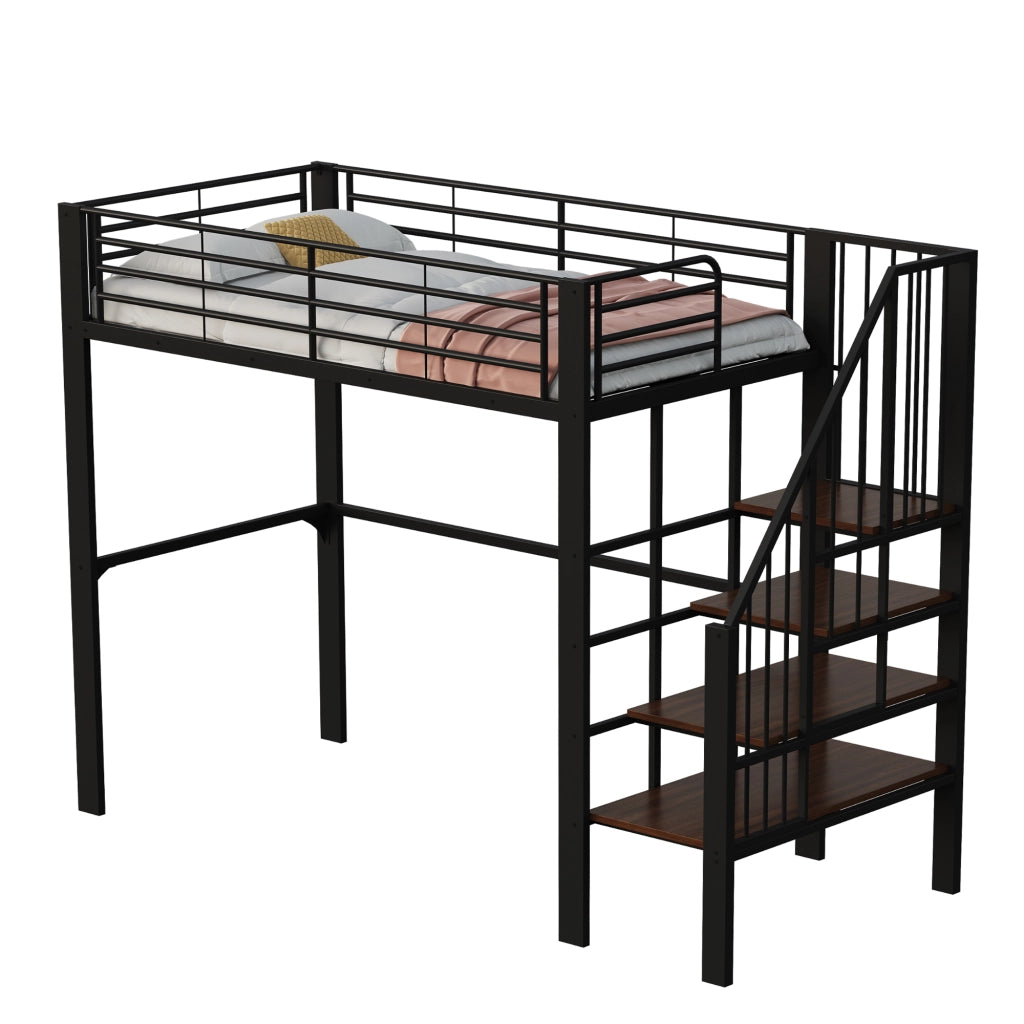Letto a castello nero in metallo e legno con spazio di stoccaggio 90x200 cm
