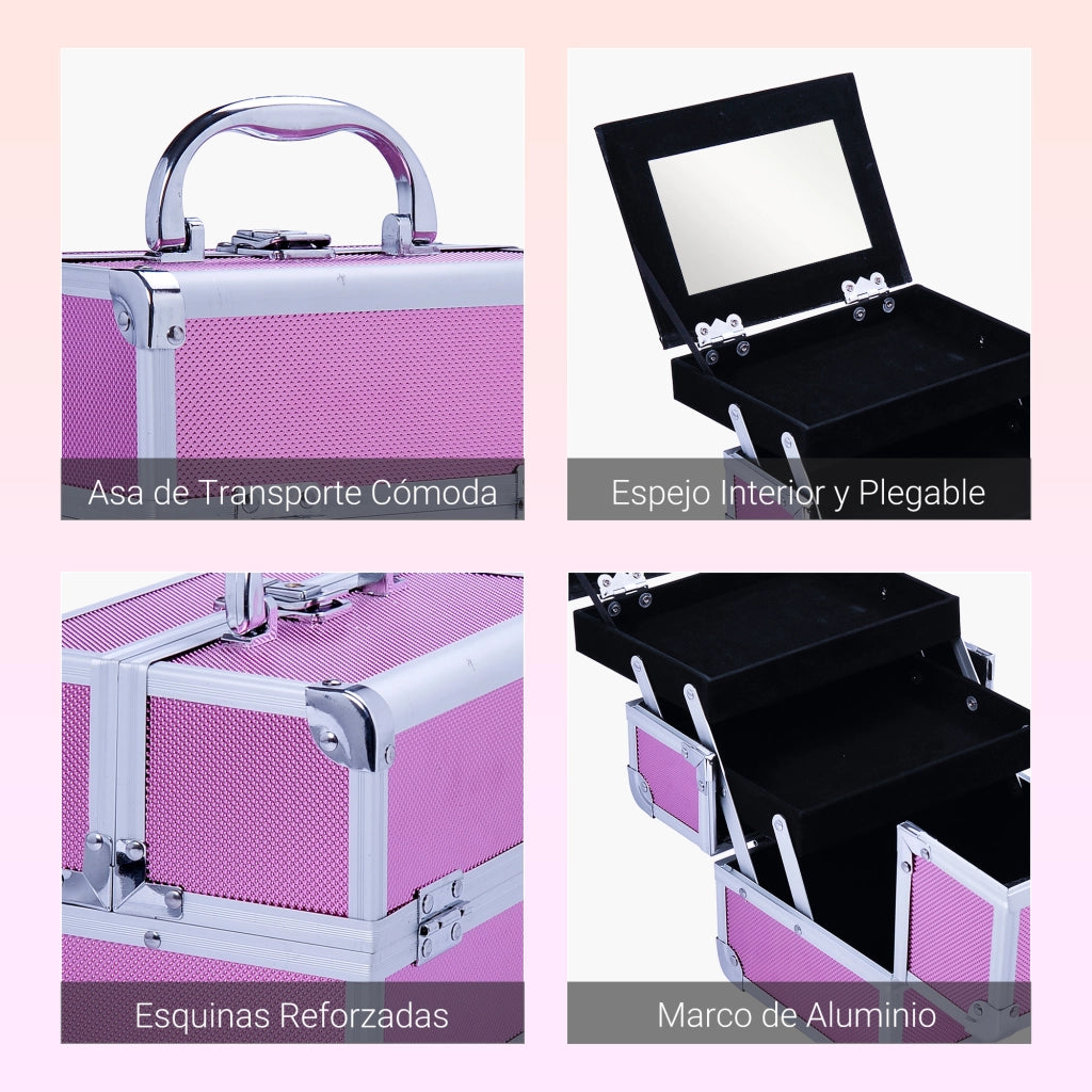 Malet¨ªn Maquillaje Profesional Estuche de Cosm¨¦tico Port¨¢til con Bandejas de 3 Niveles y Espejo 2 Llaves para Joyero Manicura Viaje 20x15x15 cm Rosa ¨C zephmum ¨C Rosa