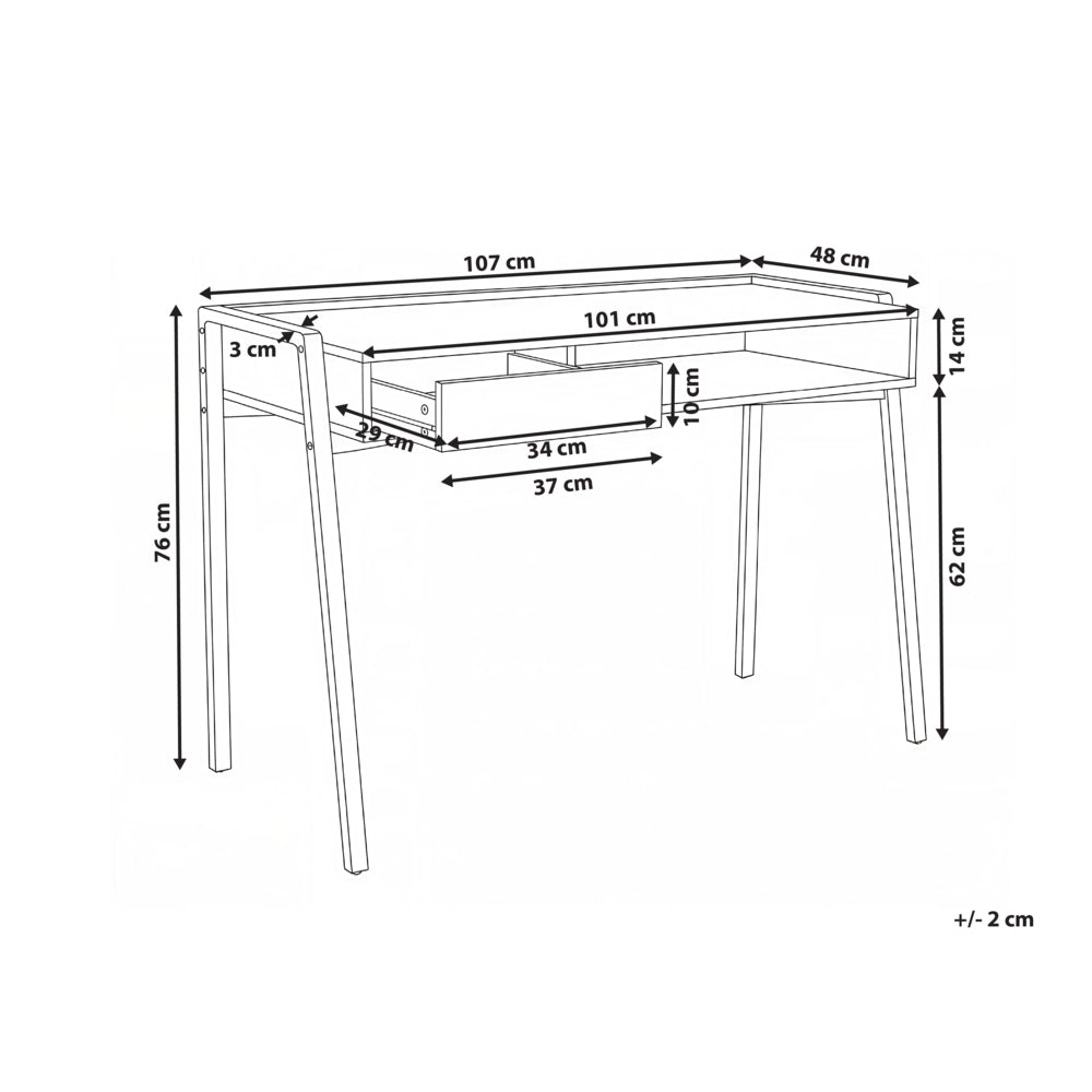 Scrivania da ufficio per casa in truciolato marrone chiaro con gambe in ferro 107 x 48 cm con ripiano e cassetto Minimalista