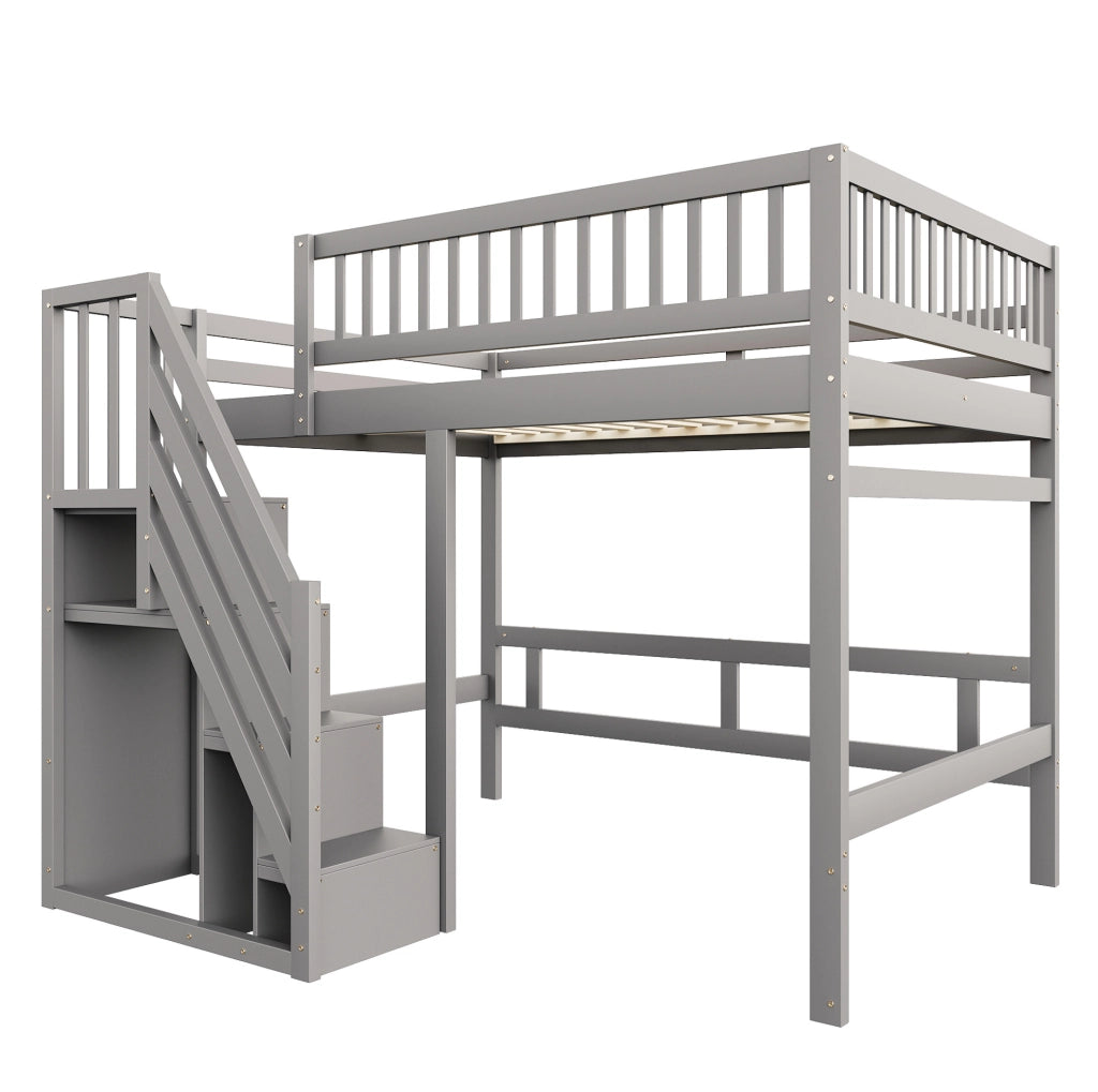 Letto a soppalco 140x200 cm con scala contenitore in pino; compensato e MDF grigio