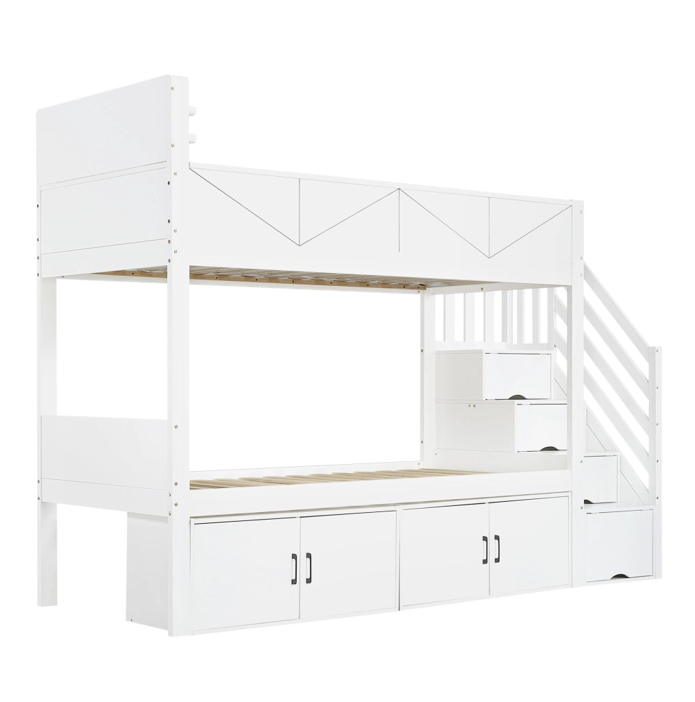 Letto a castello 90x200 cm bianco con scala contenitore e vani chiusi HAVRYA