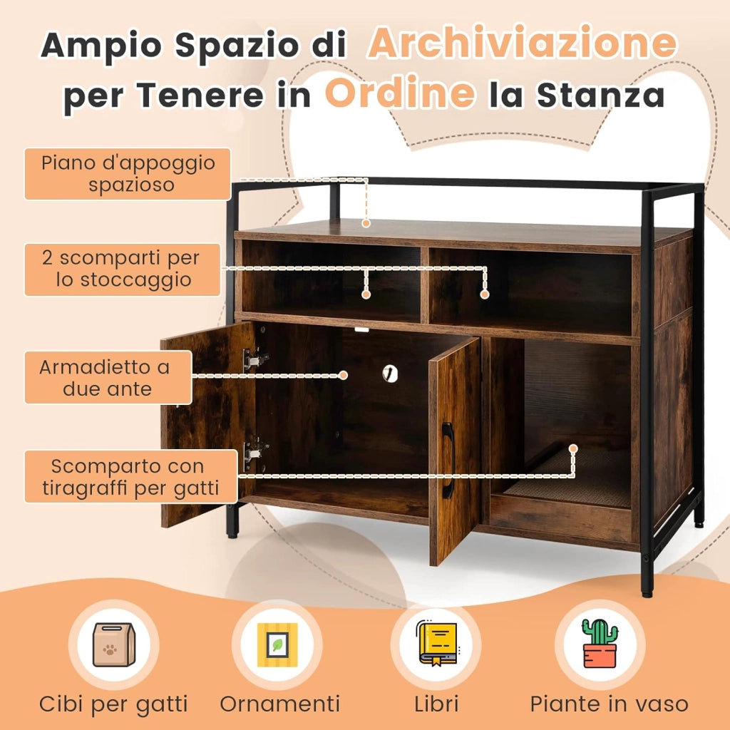 Mobile per Lettiera Gatti con Ripiani Aperti e Ripiani Chiusi con Maniglie, Mobiletto Multiuso per Ingresso e Soggiorno, 82,5 x 51 x 51 cm, Portata 50 kg (Marrone)