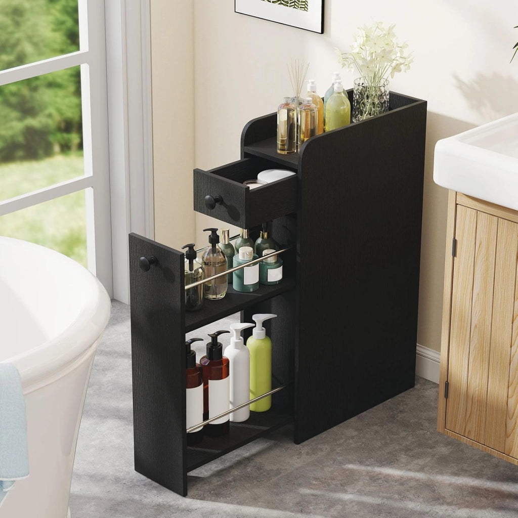 Mobile da Bagno Piccolo, Mobiletto Salvaspazio Stretto con 2 Cassetti e 2 Ruote Girevoli, Credenza Sottile da Terra Autoportante per Bagno, Cucina e Ufficio, 40 x 18 x 70 cm (Nero)