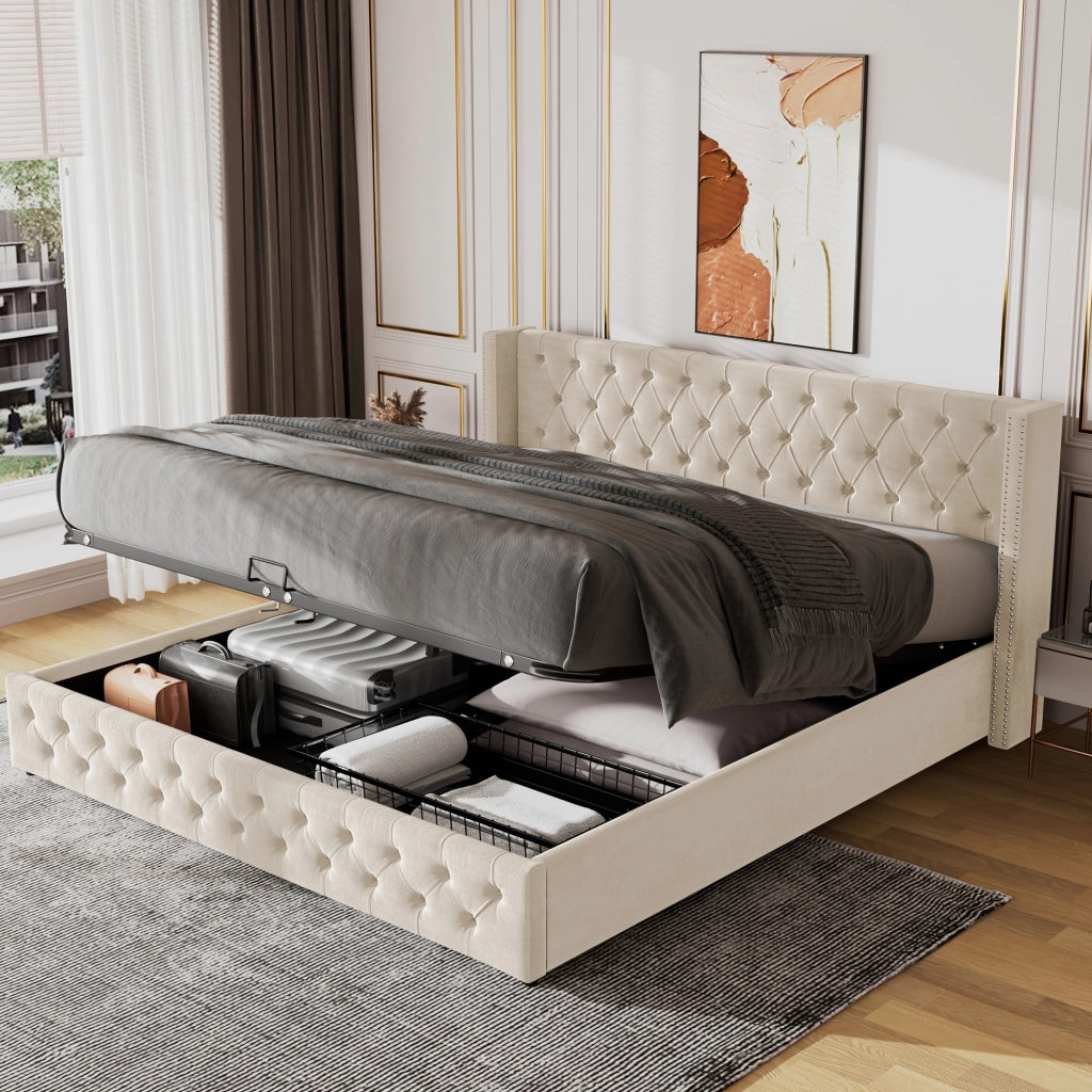 Letti contenitori 140x190 cm; apertura idraulica; velluto beige (Senza materasso)