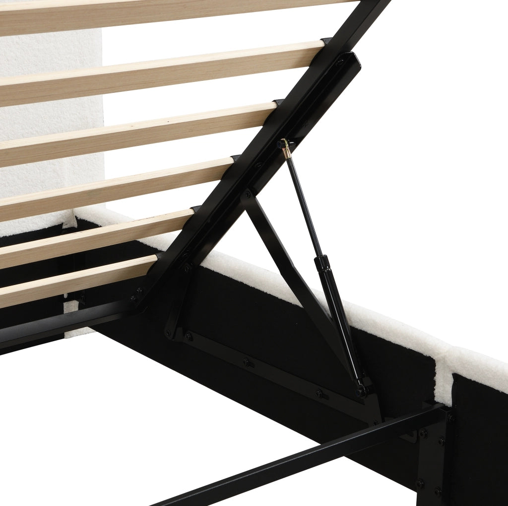 Letto singolo per bambini 90x200 cm con contenitore idraulico; LED; bouclé bianco