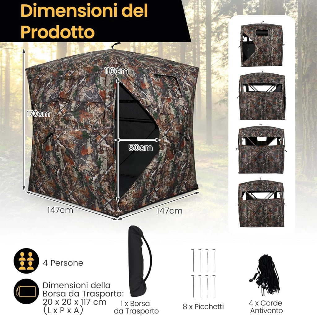Tenda da Caccia Portatile per 4 Persone, Capanno Mimetico a Visione a 360° con Rete Trasparente e Borsa da Trasporto, Tenda Pop-up Camouflage per Caccia di Cervi e Tacchini, 147 x 147 x 170 cm
