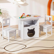 Tavole e Sedie per Bambini 3+ Anni, Tavolo in Legno con Casetta per Gatti, Buco per Gatti & Finestra Trasparente, 2 Sedie con Contenitori in Tessuto, Ideale per Disegnare e Studiare