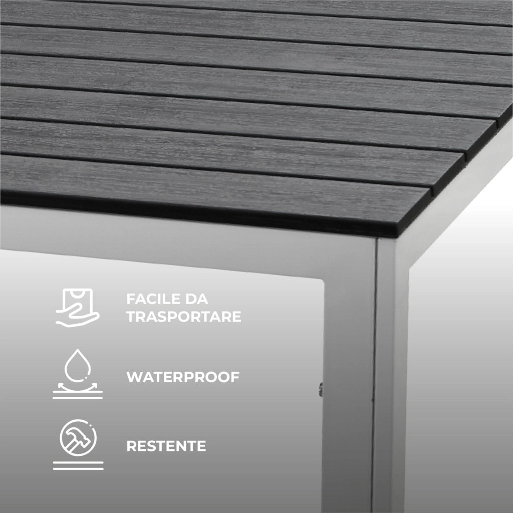 Set Tavolo da Giardino con 6 Sedie in Acciaio e Piano HDPE Effetto Teak, Tavolo Esterno Rettangolare Moderno Resistente alle Intemperie, Arredo Outdoor Terrazzo Balcone Grigioscuro