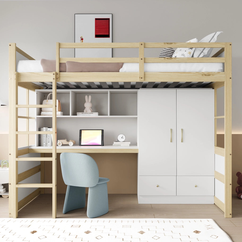 Letto a castello naturale in legno con scala scrivania armadio e cassetti 90x200 cm
