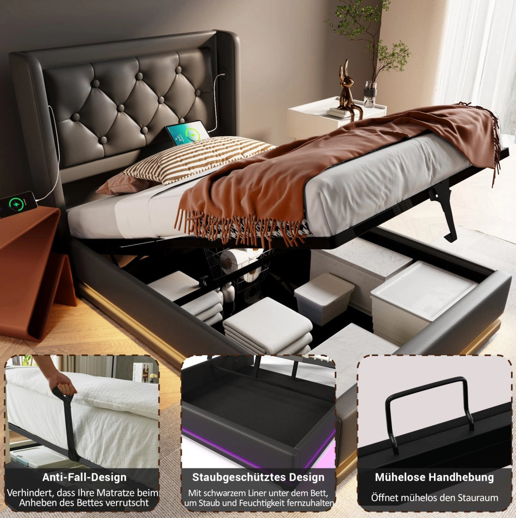 Letto singolo 90x200 cm con contenitore, LED e ricarica USB-C