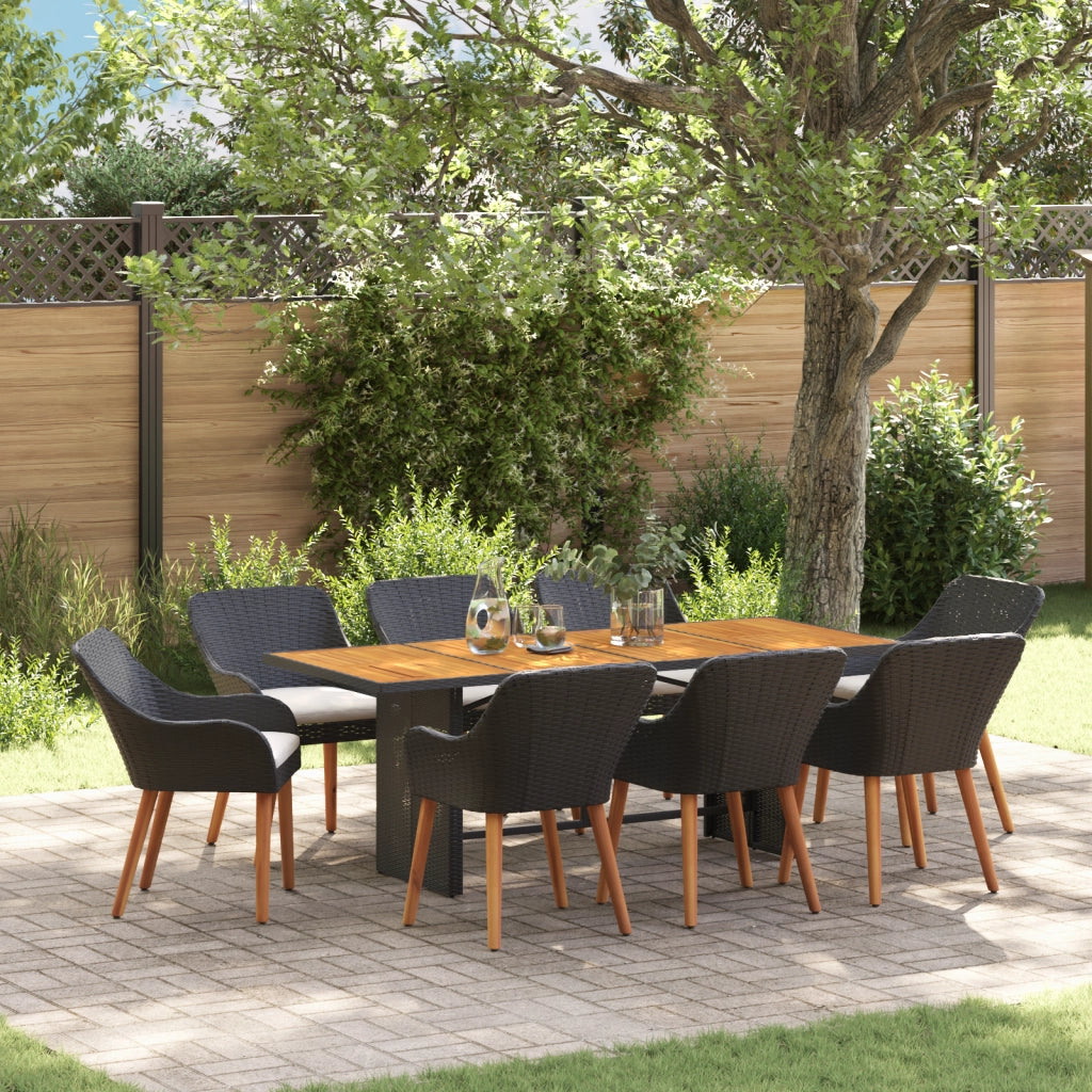 Set da Pranzo da Giardino da 9 Pezzi in Rattan Poliestere Nero