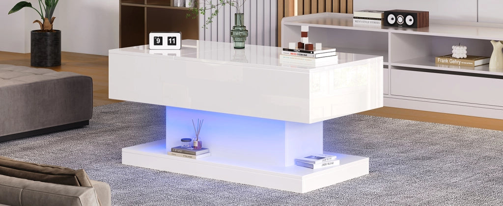 Tavolino da salotto sollevabile bianco lucido con luci led e contenitore 100x50 cm
