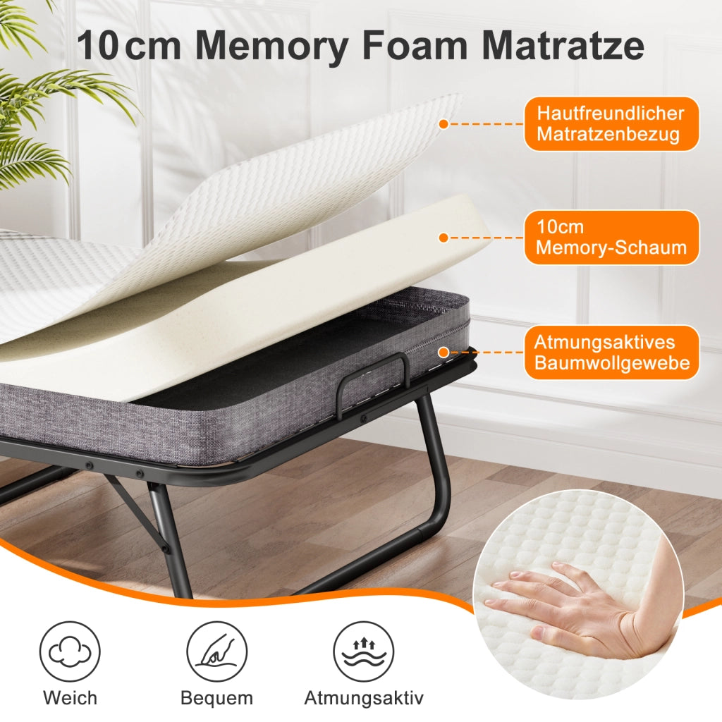 Letto pieghevole – 90x190 cm – memory foam ruote copertura – nero