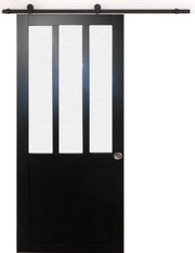 Porta scorrevole nera da officina in vetro satinato H204 x L83 + binario a rulli e 2 gusci