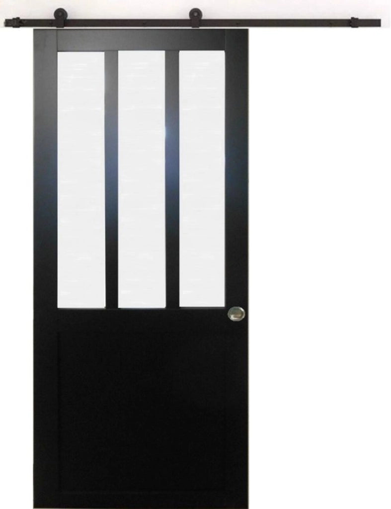 Porta scorrevole nera da officina in vetro satinato H204 x L83 + binario a rulli e 2 gusci