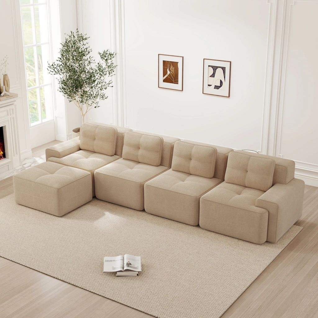 Divano modulare 4 posti - con chaise longue e seduta profonda - in velluto a coste beige