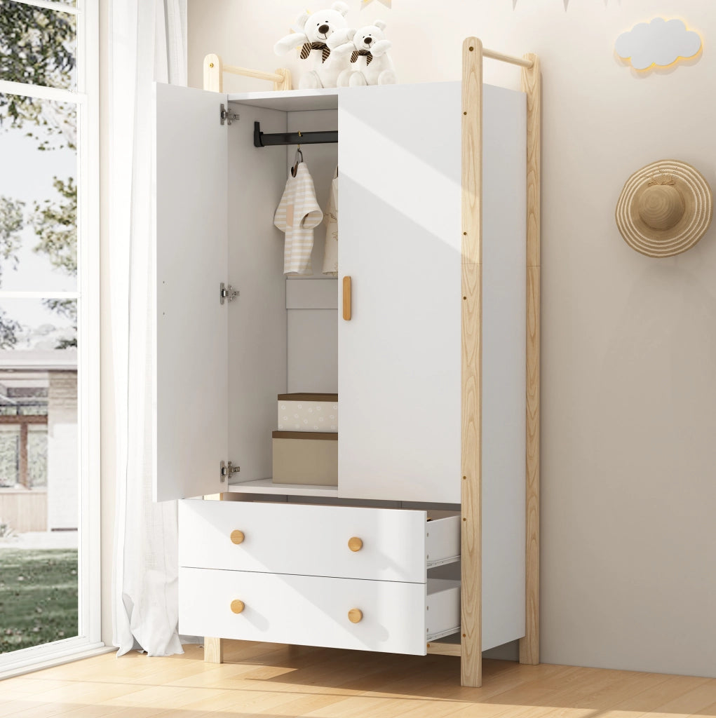 Armadio 2 ante con appendiabiti e 2 cassetti; 89.6 × 44 × 180.5 cm; bianco e naturale