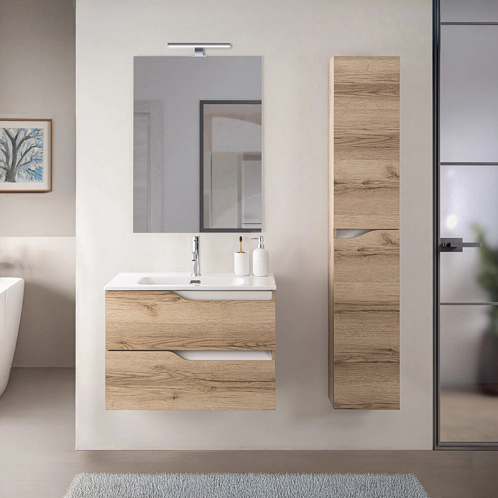 Mobile bagno sospeso 60cm quercia e bianco con pensile e lavabo Sumya