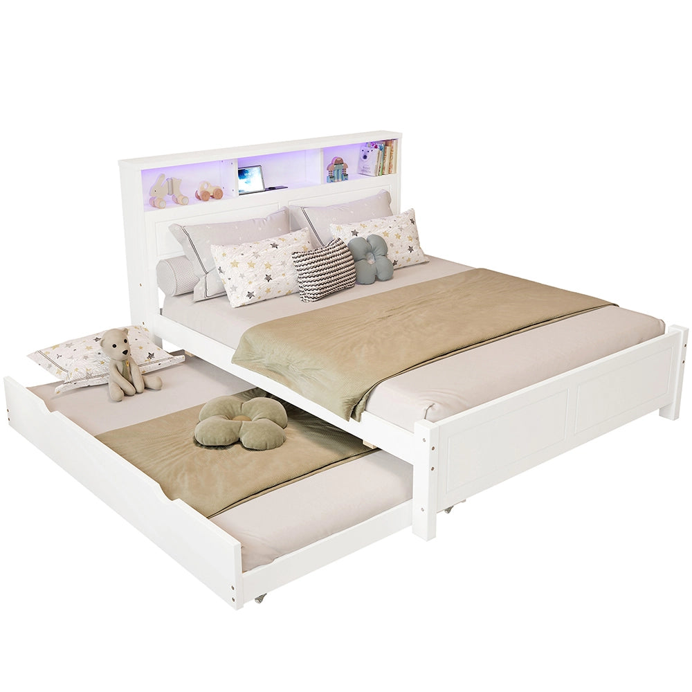Letto a castello-Xylo-120x200+90x190 cm-LED, USB, contenitore, pino, bianco