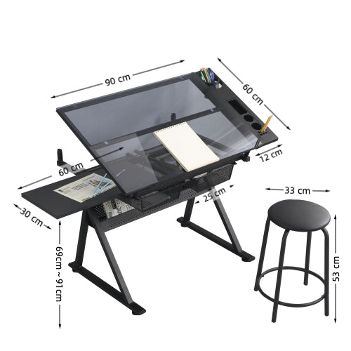 Tavolo da Disegno in Vetro Temperato Regolabile con Sedia ¨C Xylo ¨C Nero
