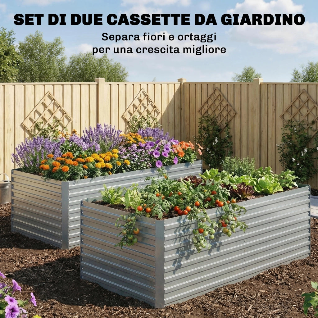 Set di 2 Aiuole Rialzate con Bordo Sicuro per Orto in Metallo Galvanizzato Argento