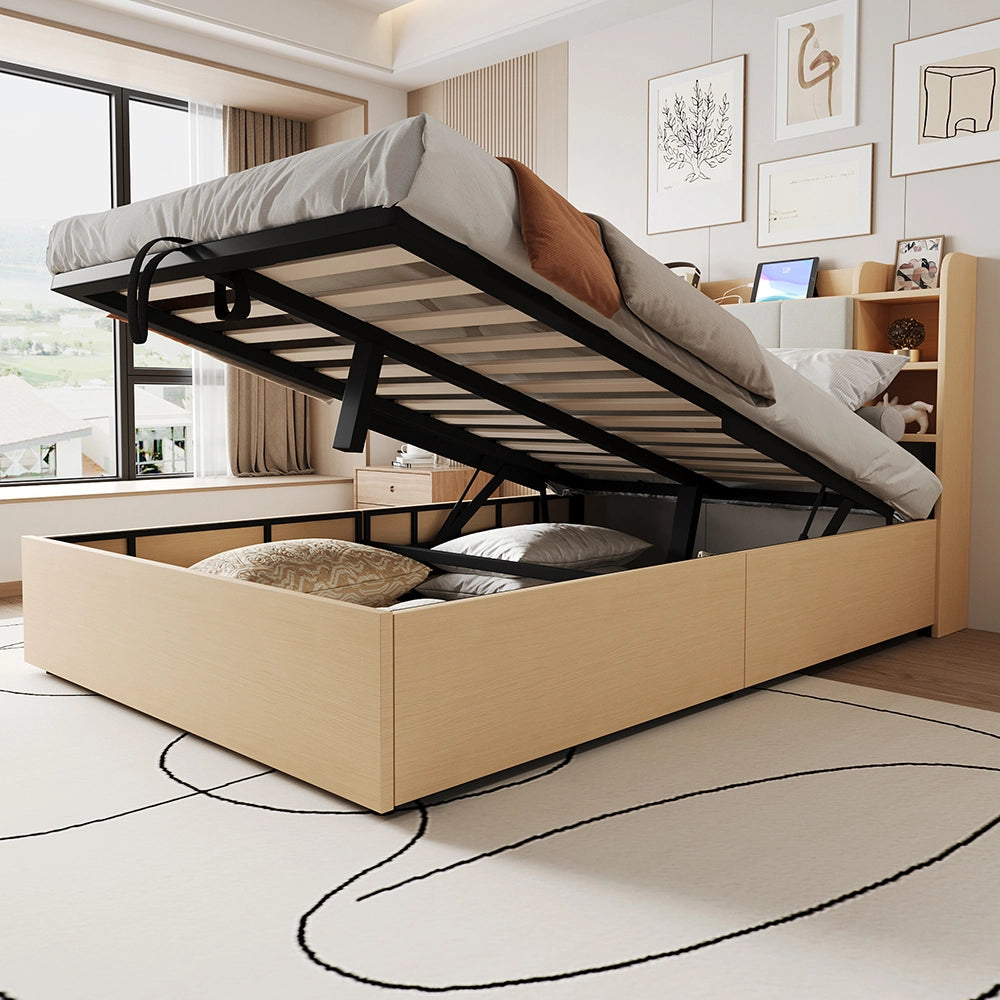 Letto-Xylo-140x200 cm-idraulico, USB-C, testiera con ripiano, legno naturale