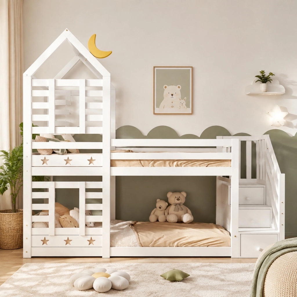 Letto a castello per bambini con cassetti e scala contenitore, 90 x 200 cm, bianco, con reti a doghe