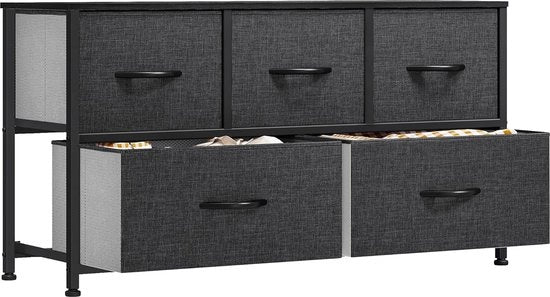 Cassettiera con 5 ante per camera da letto o soggiorno, struttura in acciaio robusta e superiore in legno.
