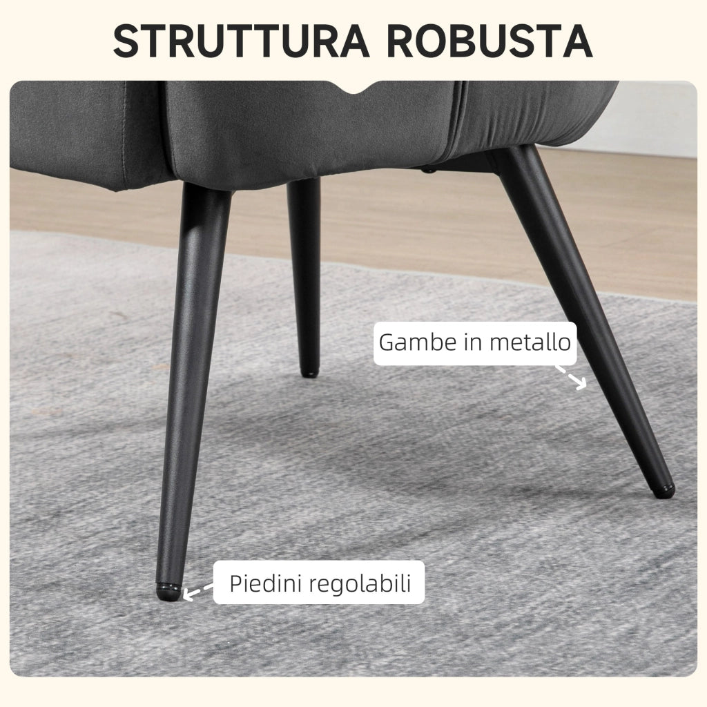 Poltrona D'Arredo Imbottita  con Braccioli e Poggiapiedi Integrato in Tessuto Effetto Velluto Grigio Scuro