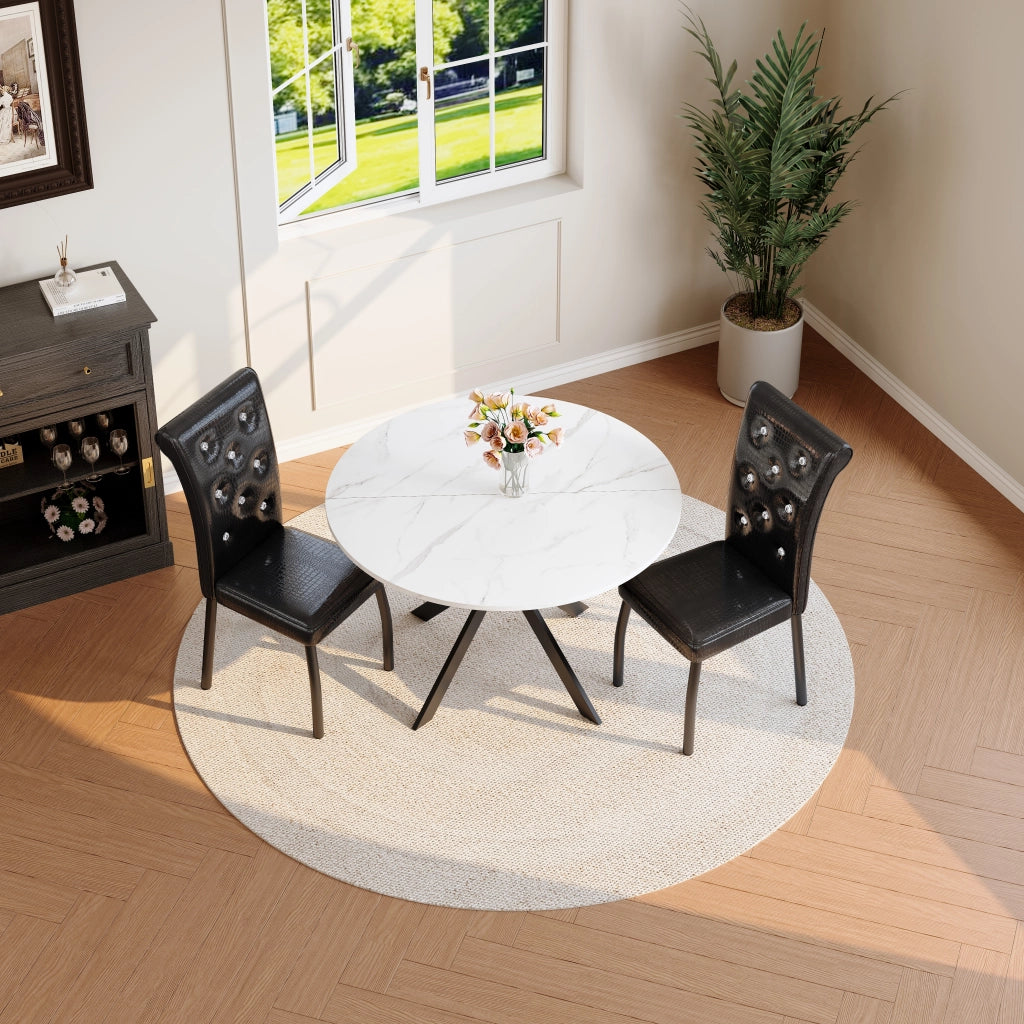 Tavolo da Pranzo Rotondo Effetto Marmo con 2 Sedie in Ecopelle ¨C MINIMAL ¨C Nero, Gambe in Metallo