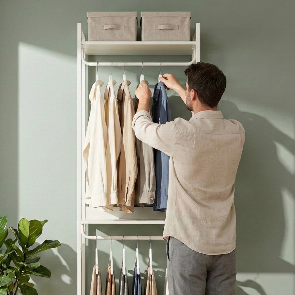 Stand Appendiabiti Jässaatka in Acciaio con Doppia Asta e 3 Ripiani 200 x 61 x 40 cm - Grigio [en.casa]
