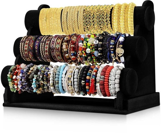 Standarizzatore per gioielli 3 strati nero velluto con maniglia a T, rimovibile, per collane, bracciali, orecchini, bangles, appesi, cinturini, torri, orologi, chiavi e organizzatori