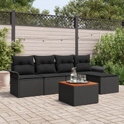 Set di divani da giardino 6 pezzi con cuscini in polirattan nero e acacia