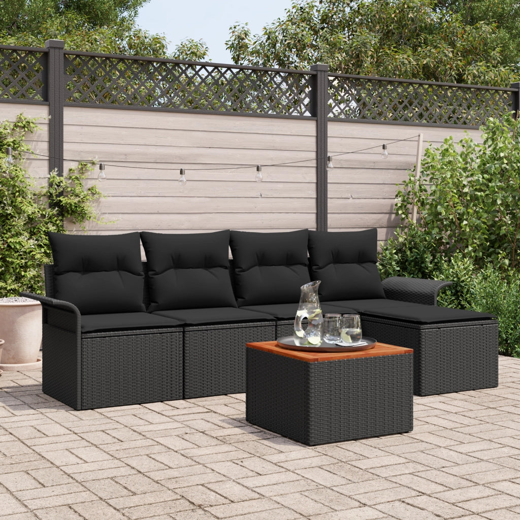 Set di divani da giardino 6 pezzi con cuscini in polirattan nero e acacia