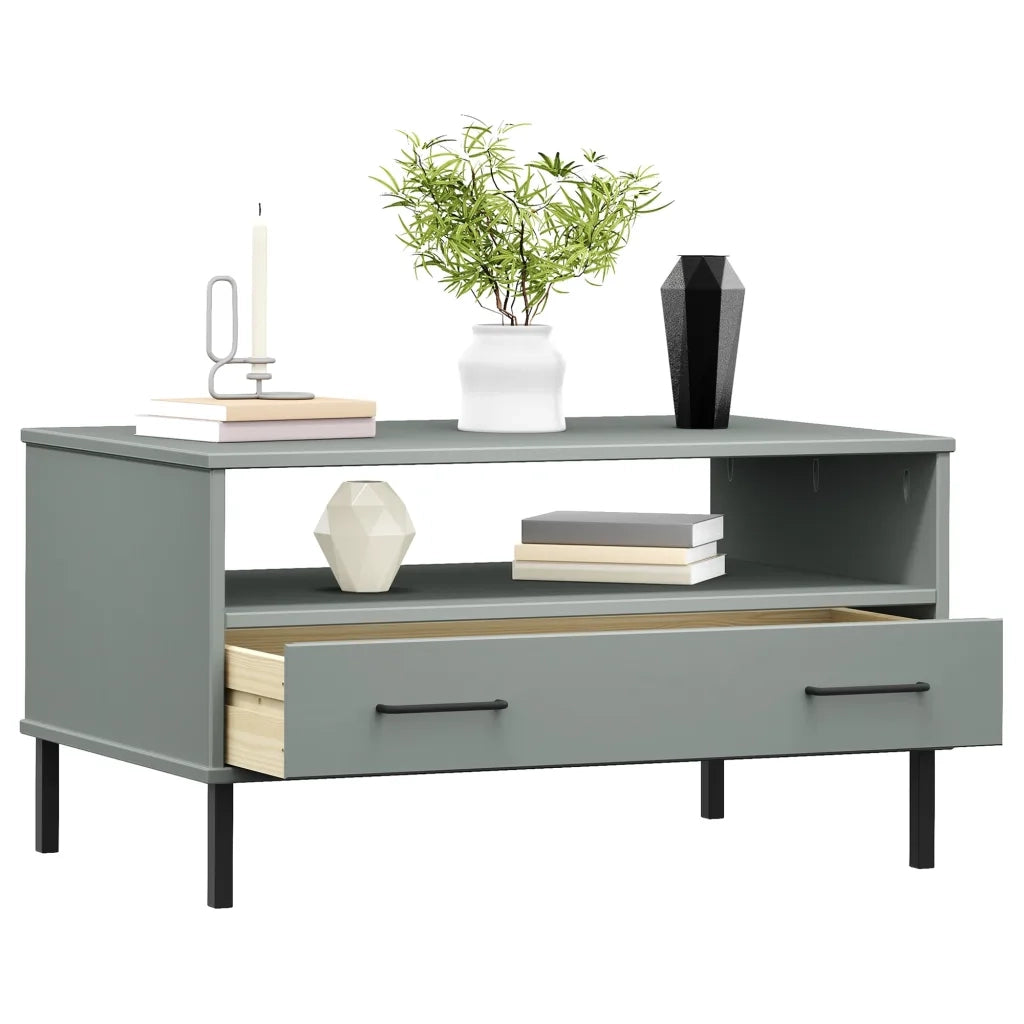 Tavolino da salotto | Tavolino da caff¨¨ | Tavolino da Soggiorno Gambe Metallo Grigio 85x50x45 cm Legno Massello OSLO