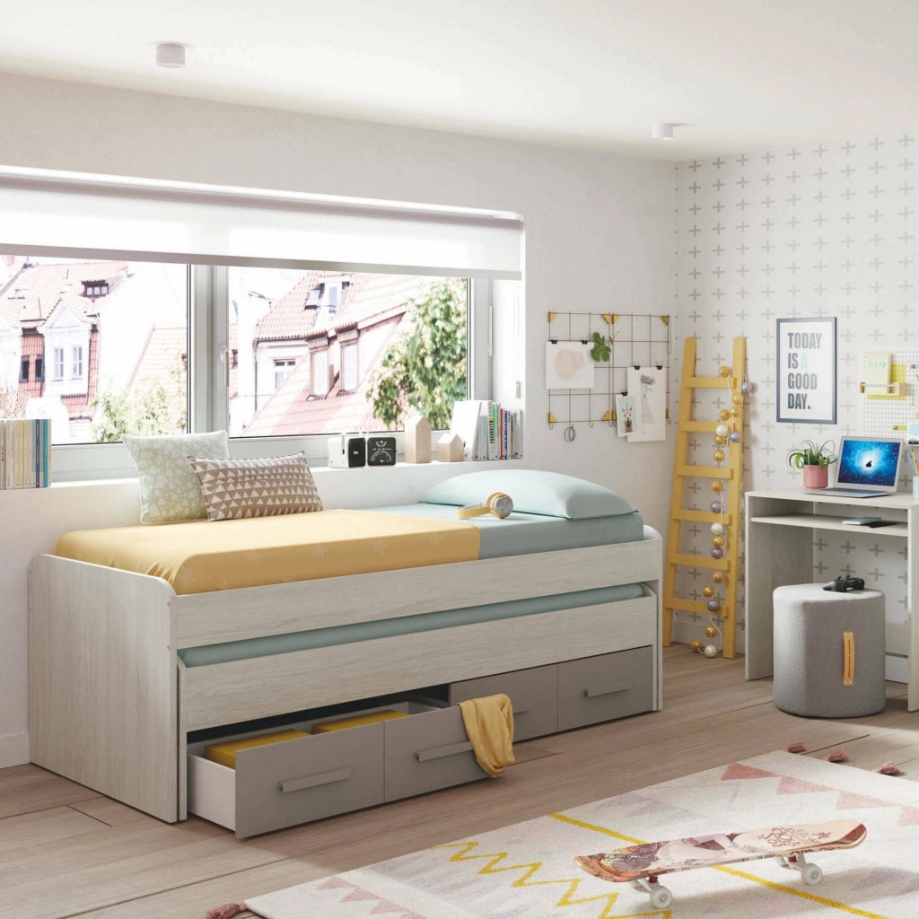 Letto singolo Cupido, Struttura letto per cameretta, Letto singolo con lettino estraibile e 4 cassettoni, cm 198x96h69, Legno e Marrone