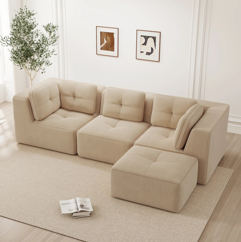 Divano angolare modulare in corduroy; 297x177x69 cm; beige