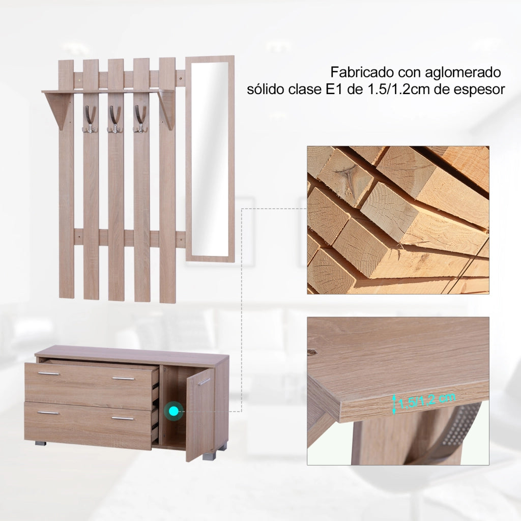 Set Ingresso con Specchio Appendiabiti Scarpiera 3 Ganci Ripiani e 2 Cassetti ¨C Zephmum ¨C Rovere