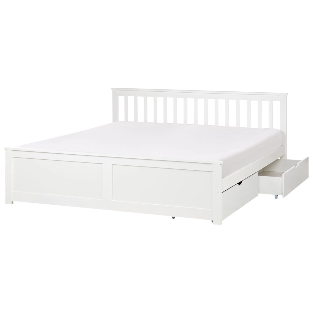 Letto matrimoniale Legno di Pino bianco con Rete a Doghe con 2 cassetti 180 x 200 cm Testiera a doghe minimalista