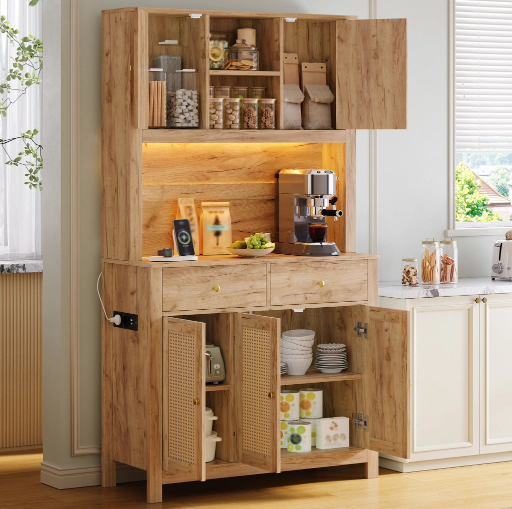 Credenza alta da cucina con LED RGB, prese e ante in rattan