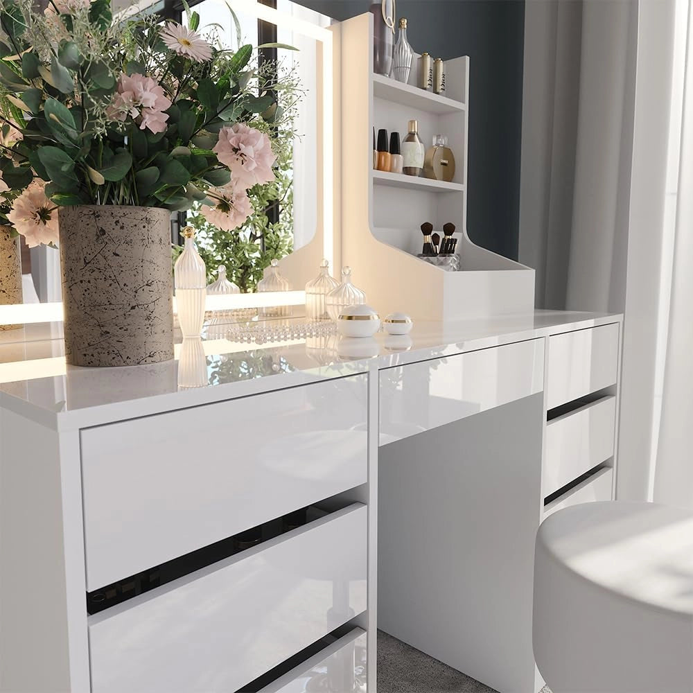 Tavolo da toeletta Sherry, Bianco/bianco lucido, 128.2 cm 4 parti