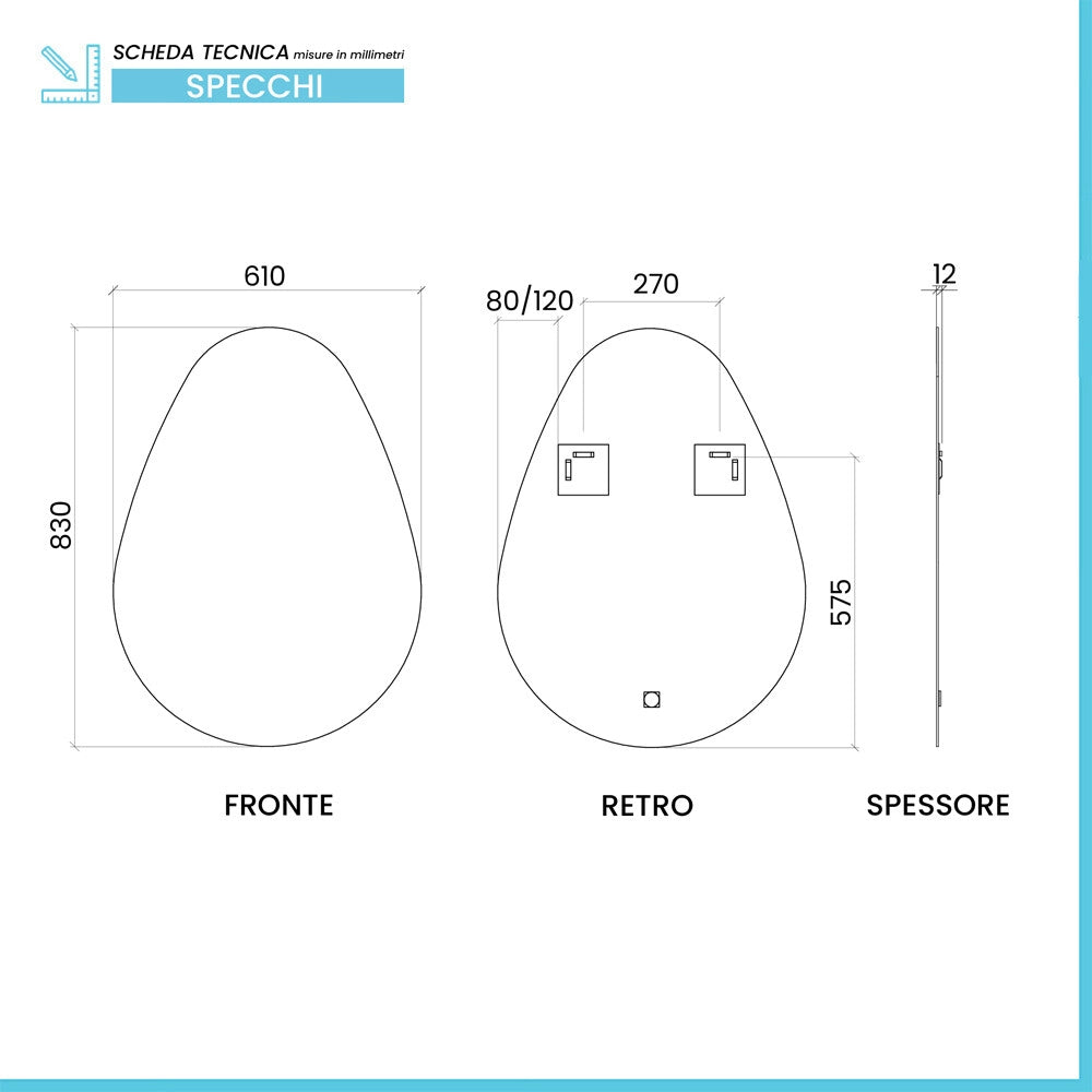 Specchio bagno ovale 61x83 retroilluminato con pellicola anti rottura