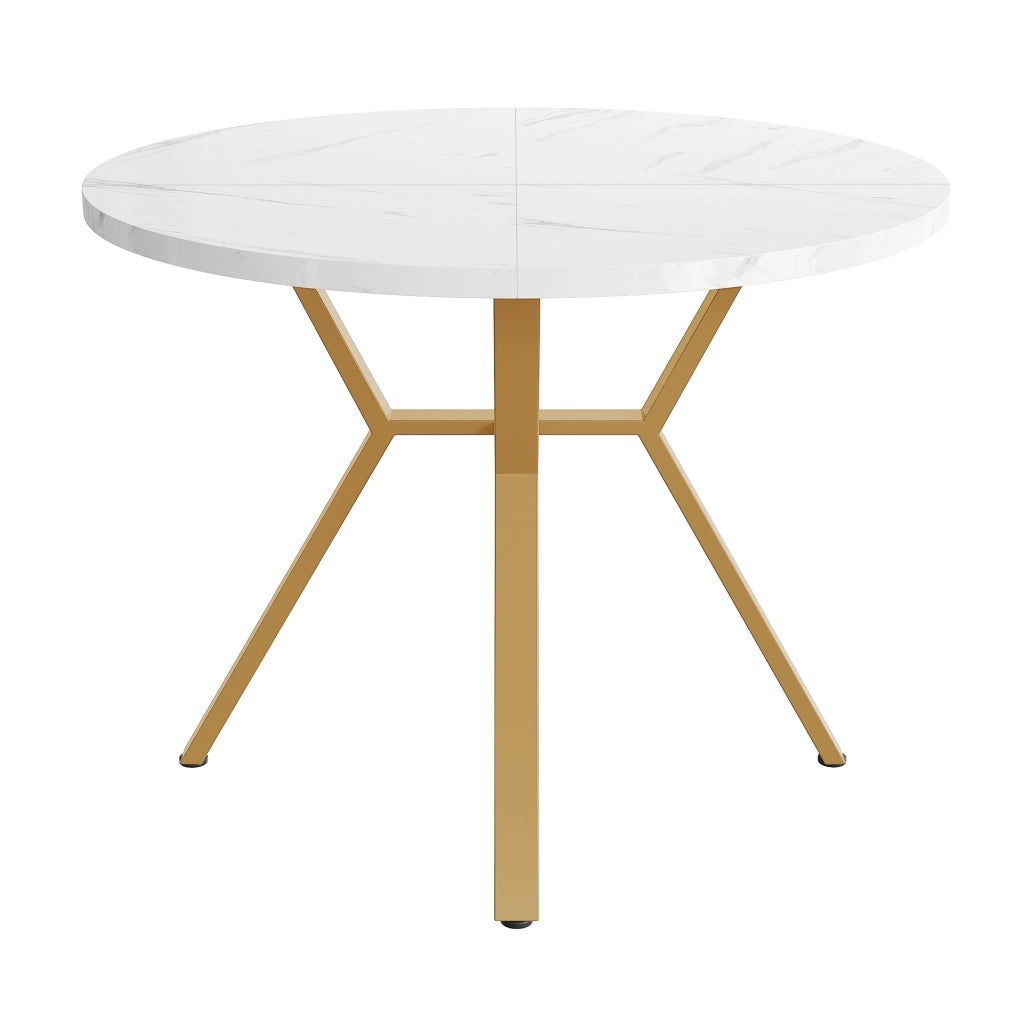 Tavolo da Pranzo Rotondo con 4 Sedie in Velluto ¨C MINIMAL ¨C Piano Effetto Marmo, Gambe in Metallo Oro