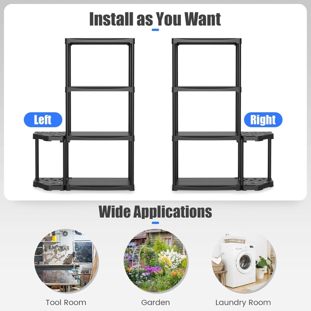 Scaffale a 4 livelli, con organizer per utensili, portaoggetti aperto, supporto con 12 fori, per utensili a manico lungo, nero