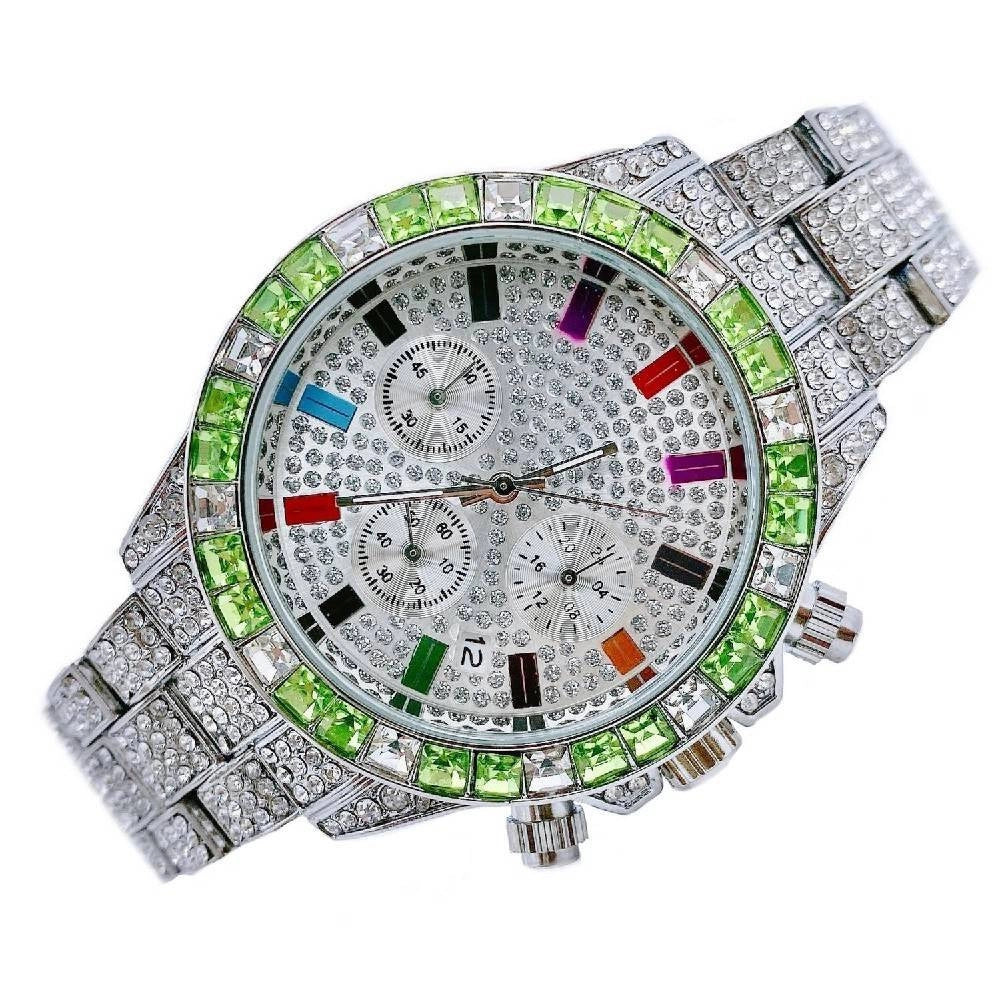 Trade Shop - Orologio Da Polso Unisex Quarzo Acciaio Data Diamond Strass Silver Ghiera Verde -