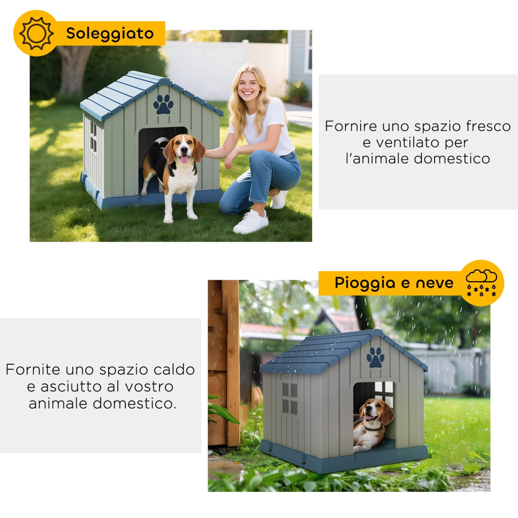 Casetta per Cani Taglia Media da Esterno Impermeabile con Base Rialzata e Finestre. 85x79x82 cm. Grigio